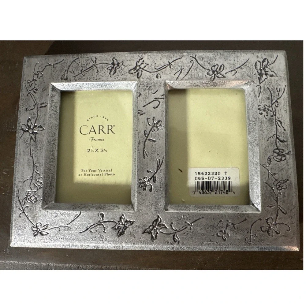 Carr Frames Silver Floral Embossed Double Photo Frame 2.5x3.5 Tabletop Decor
